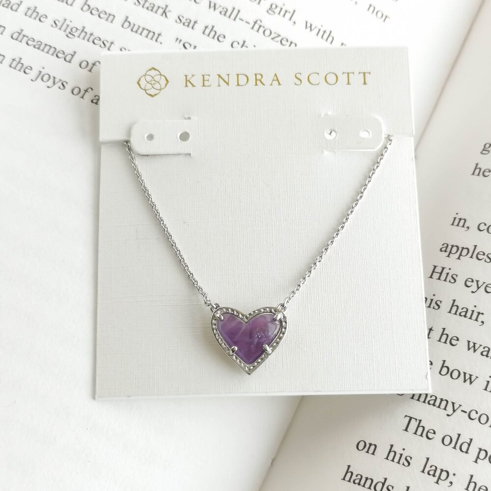 NEW Kendra Scott Ari Heart Silver Amethyst Pendant Necklace Authentic
